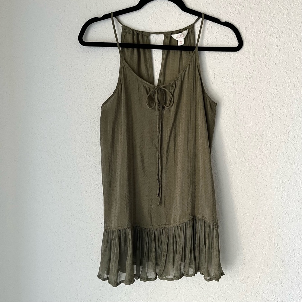 SUN & SHADOW x Nordstrom Halter Style Boho Swing Top Silky Sheer Ruffle Hem M